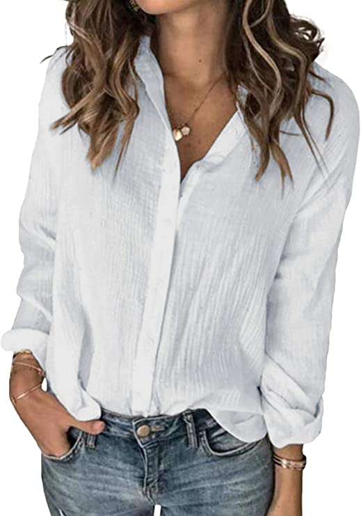  Long Sleeve Button Down Cotton Linen Shirt Blouse